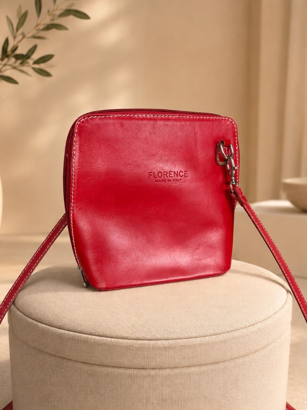 Florence Red Leather Crossbody Bag Small Zip Top Purse
